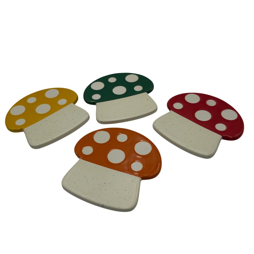 Ceramic Merry Mushroom Whimsical Coaster Set Polka Dot Toadstool Retro Decor